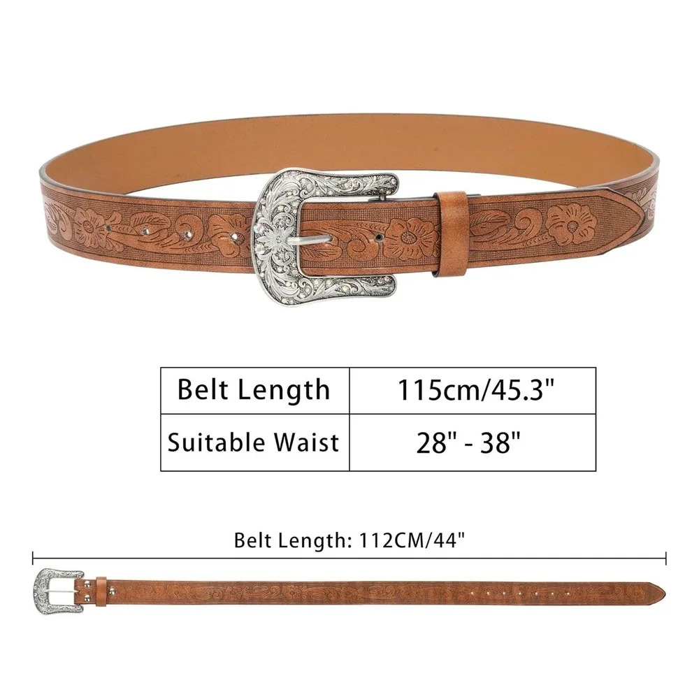 Womens Western Floral Embossed Brown Belt Rhinestone Silver Buckle Cowboy Style